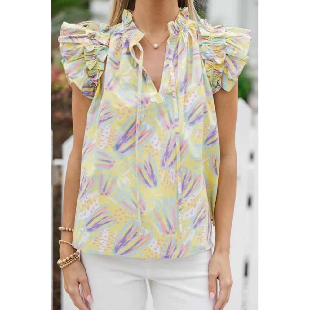 Pinch Women's Yellow Floral Blouse Tie Front - Size L‎